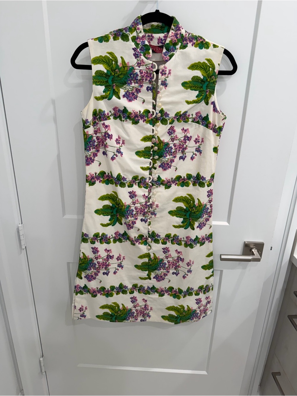 David Crystal Size 2 Sleeveless Floral Mandarin Collar Dress in Cream and Green
